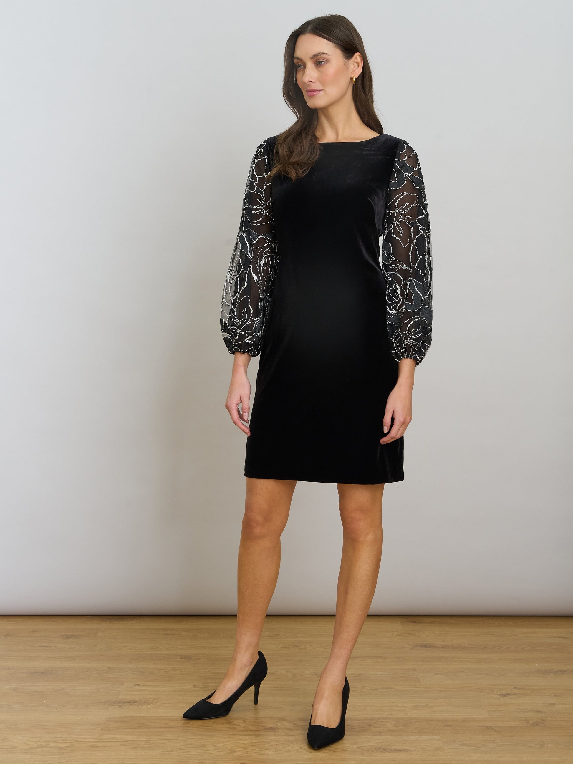  Sky Velvet Dress With Sheer Embroidered Sleeves