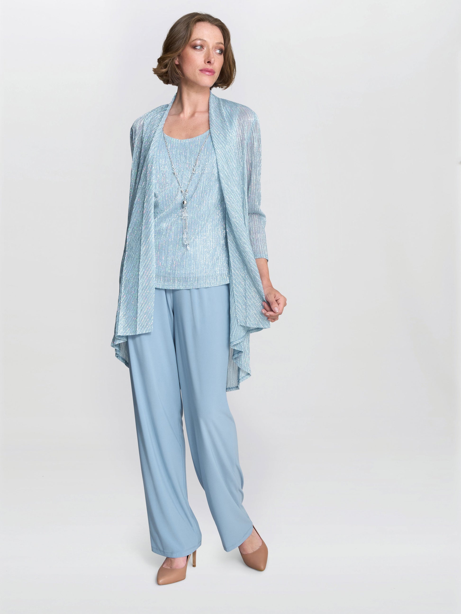  Tina Three Piece Metallic Crinkle Trouser Suit