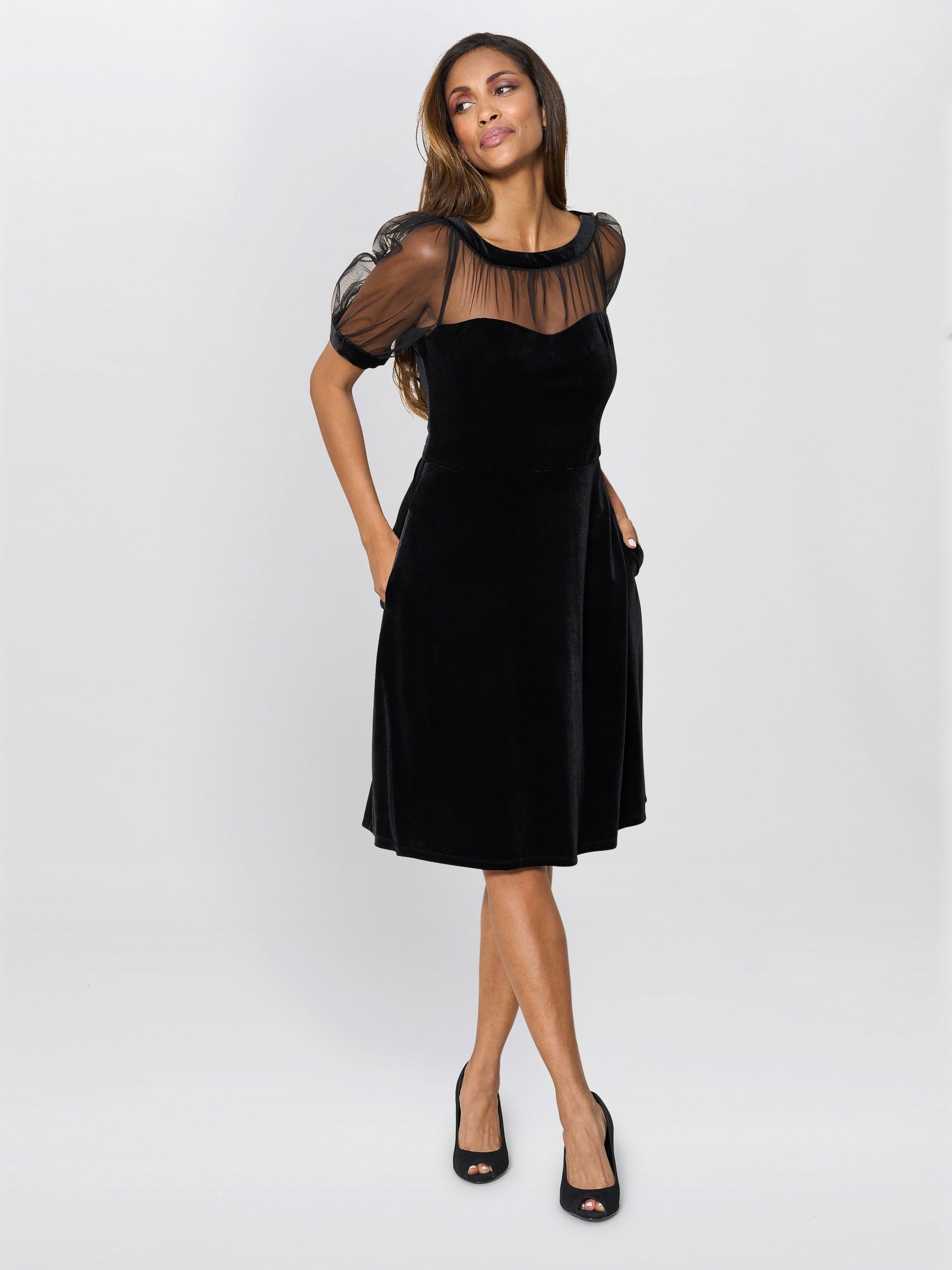 Capri Velvet Dress With Sheer Shoulders