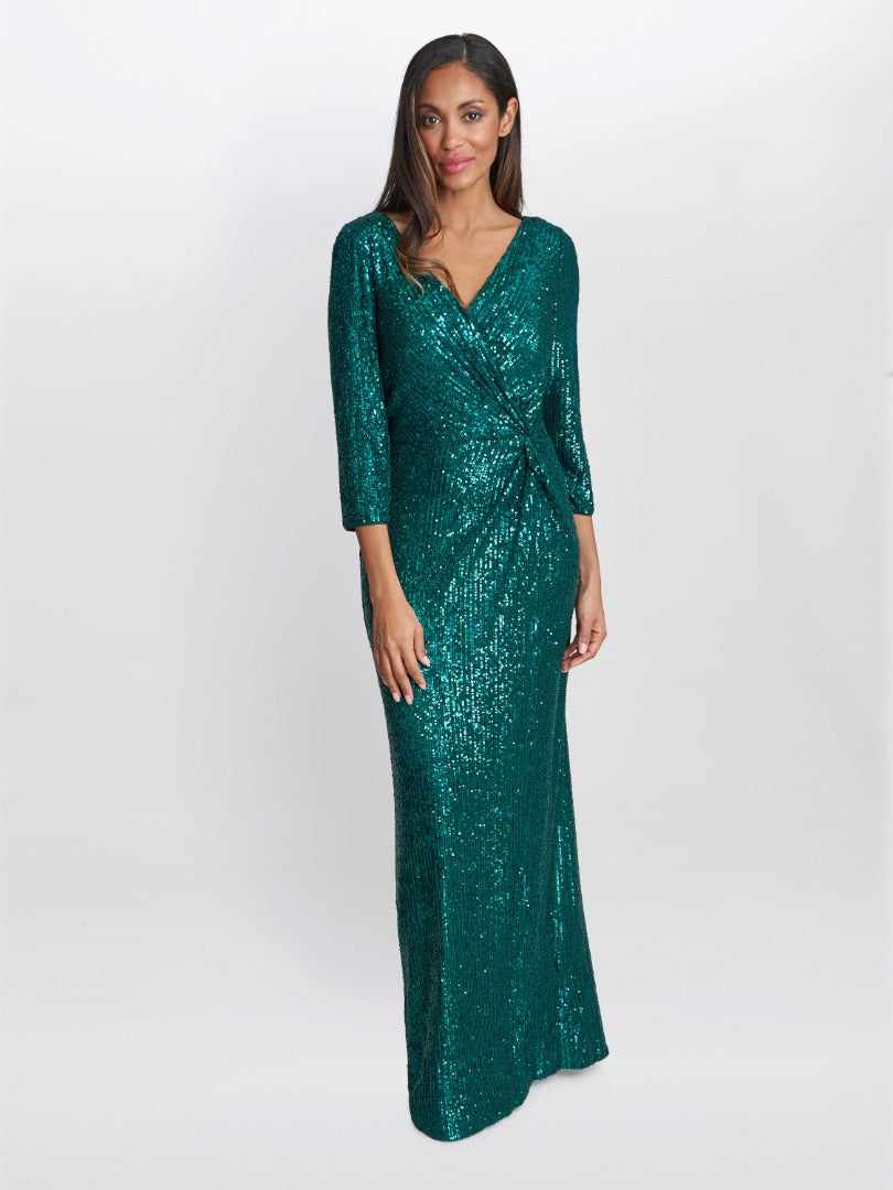  Jacynda Sequin 3/4 Sleeve Wrap Dress With Twist