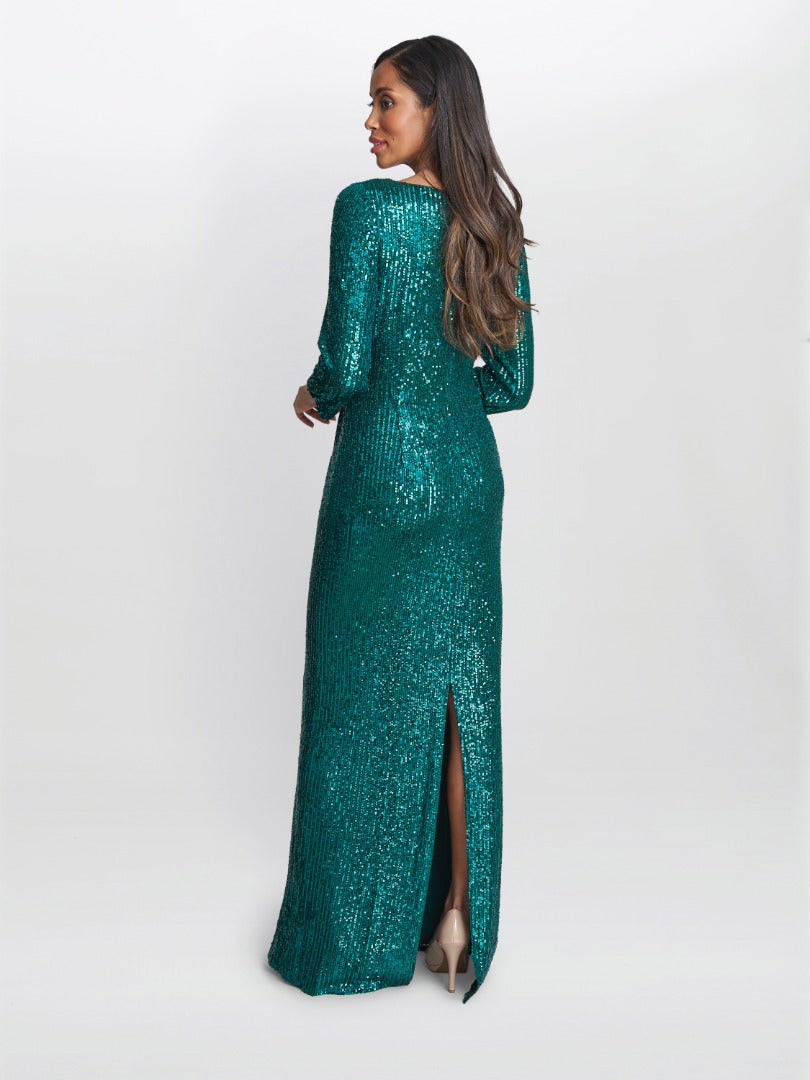  Jacynda Sequin 3/4 Sleeve Wrap Dress With Twist