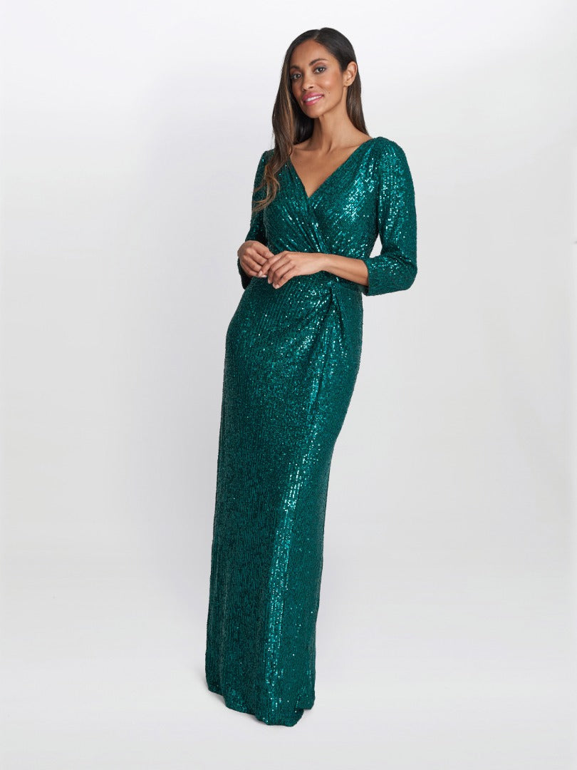  Jacynda Sequin 3/4 Sleeve Wrap Dress With Twist