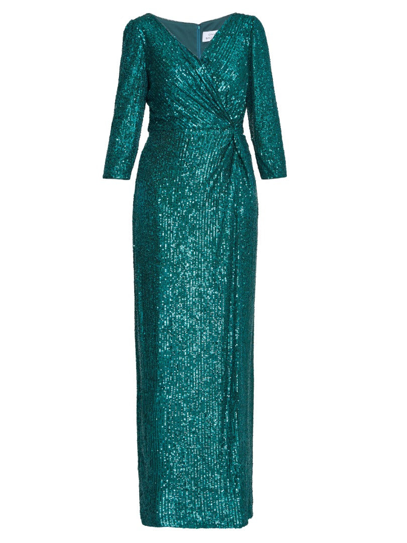 Jacynda Sequin 3/4 Sleeve Wrap Dress With Twist