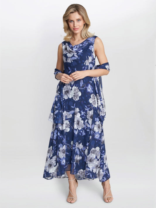  Dahlia Midi Length Sleevless Printed Dress And Shawl