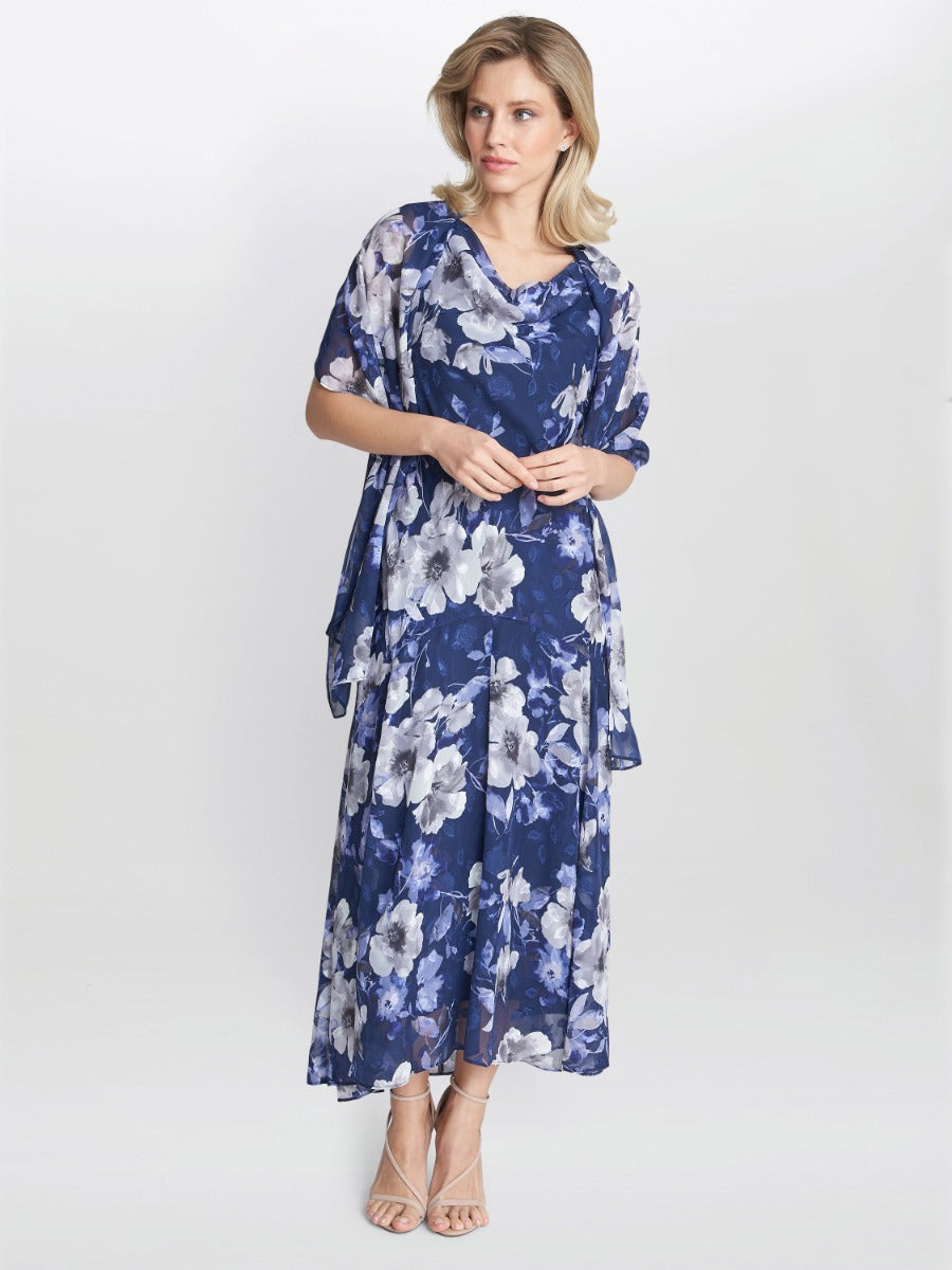  Dahlia Midi Length Sleevless Printed Dress And Shawl