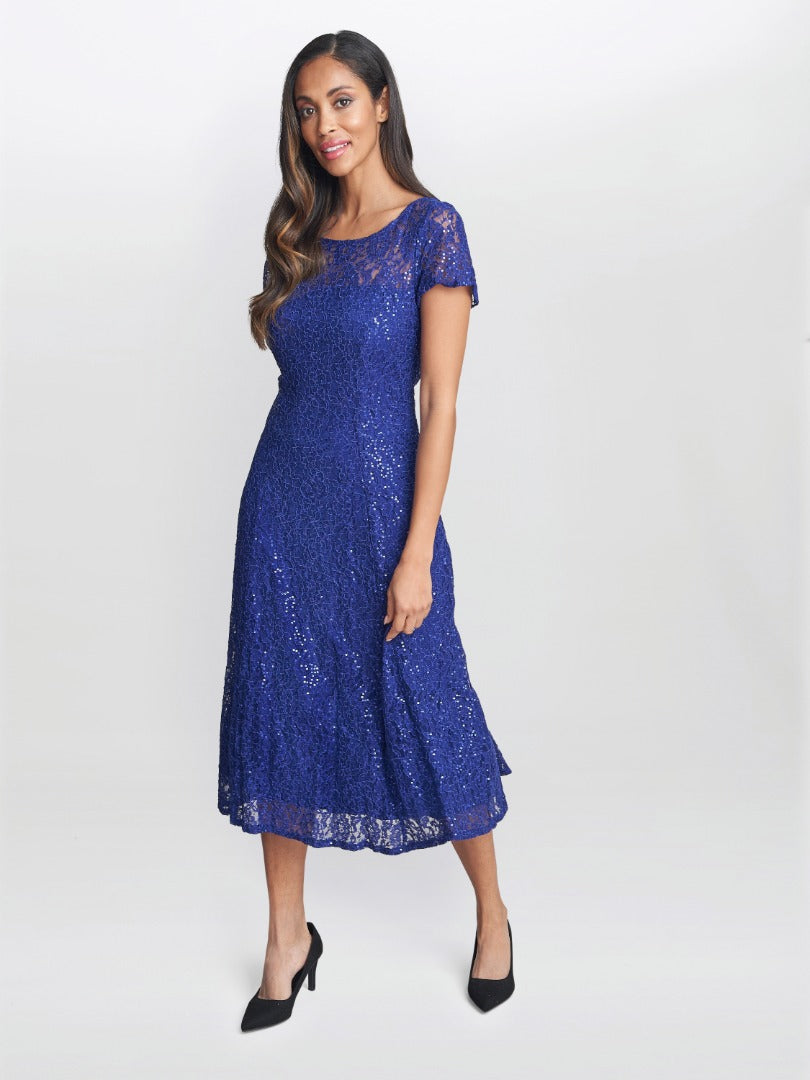  Demi Cap Sleeve Midi Length Sequin Lace Dress