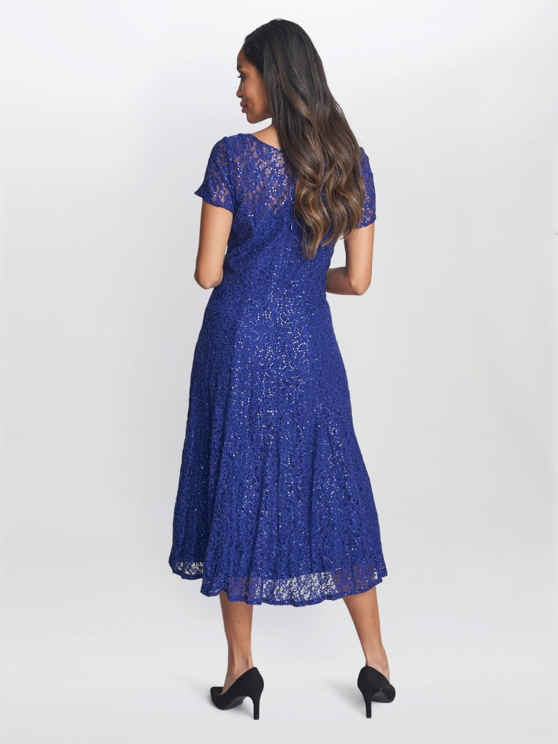  Demi Cap Sleeve Midi Length Sequin Lace Dress