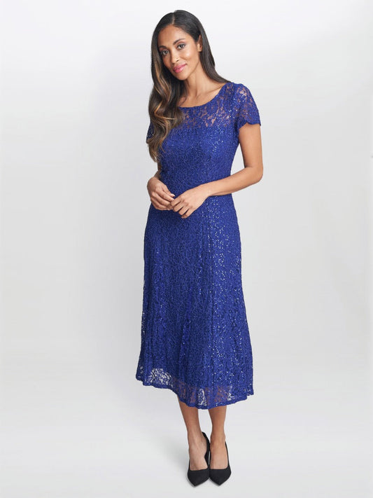  Demi Cap Sleeve Midi Length Sequin Lace Dress