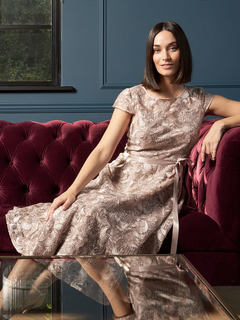  Evita Jewel Embroidered Midi-Length Dress