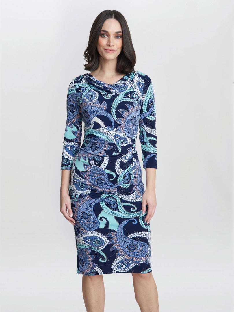  Alyssa Printed Jersey Cowl Neck Dress