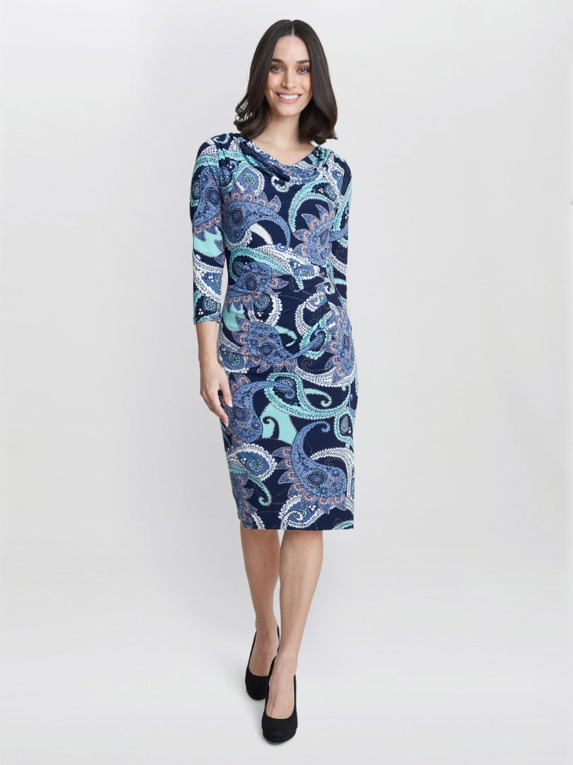  Alyssa Printed Jersey Cowl Neck Dress