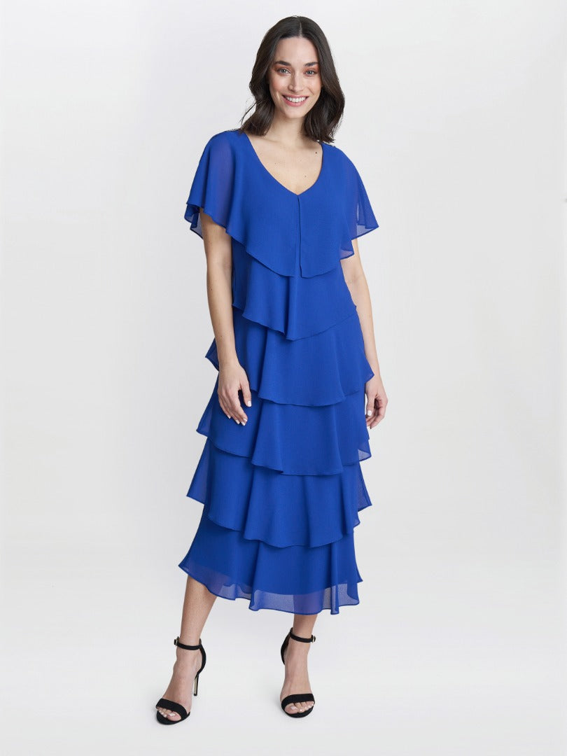  Rebecca Midi Tiered Dress With Shoulder Trim