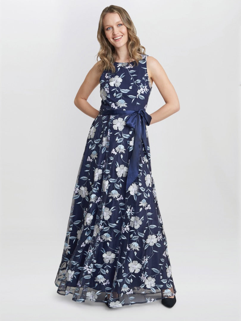  Judith Maxi Sleeveless Embroidered Dress With Tie Belt