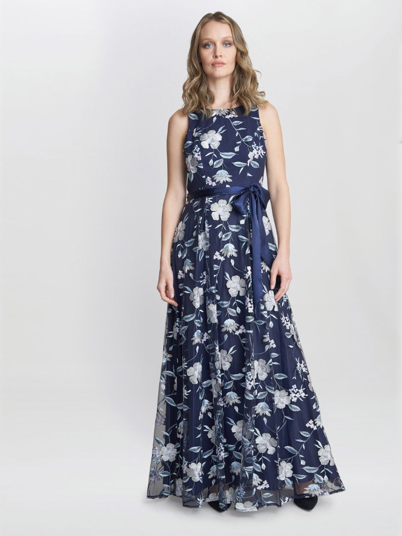  Judith Maxi Sleeveless Embroidered Dress With Tie Belt