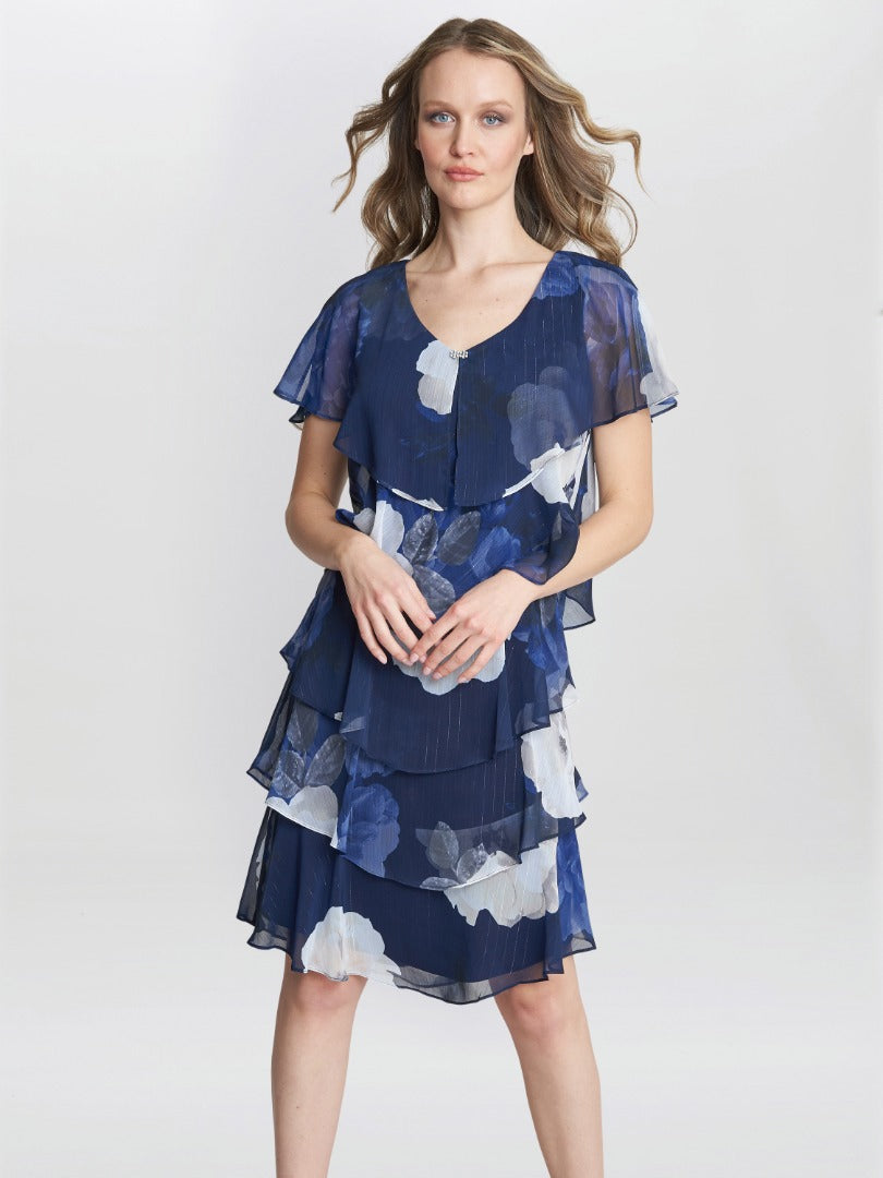  Benita Printed V Neck Tiered Dress With Embellishment