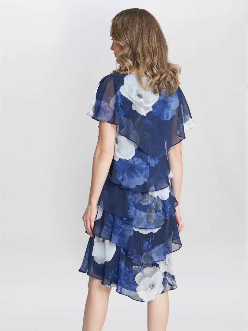  Benita Printed V Neck Tiered Dress With Embellishment