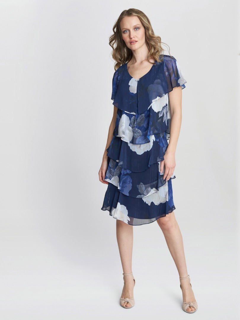  Benita Printed V Neck Tiered Dress With Embellishment