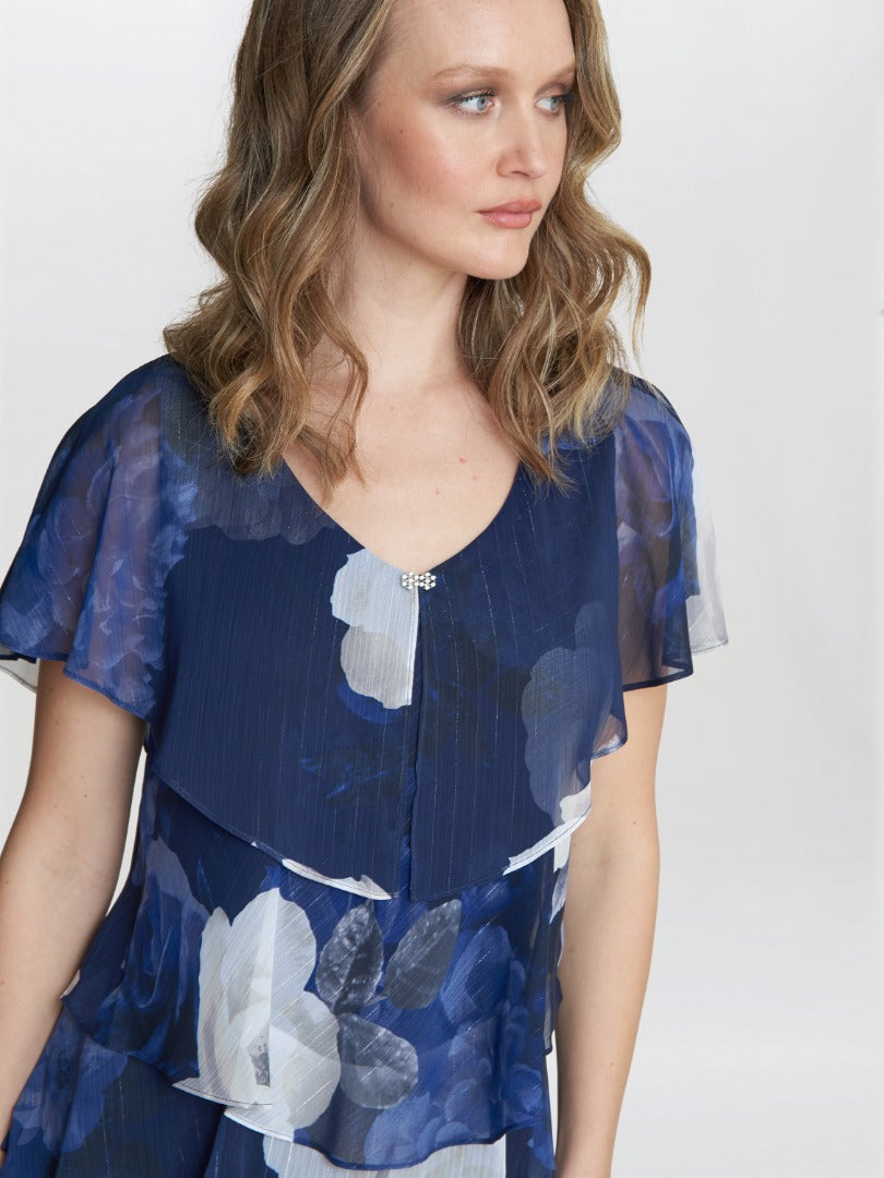  Benita Printed V Neck Tiered Dress With Embellishment