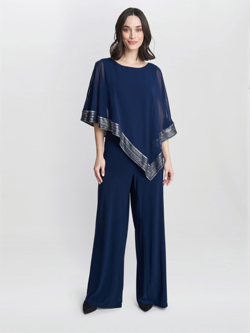  Eve Asymmetrical Cape Jumpsuit With Foil Trim