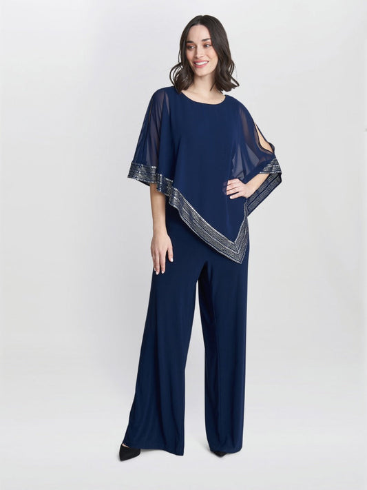  Eve Asymmetrical Cape Jumpsuit With Foil Trim