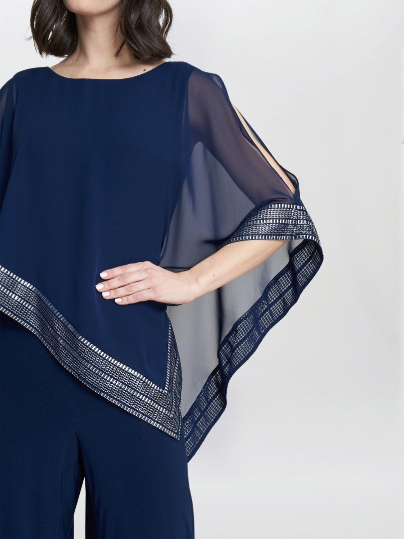  Eve Asymmetrical Cape Jumpsuit With Foil Trim