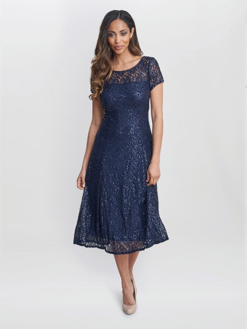  Genny Cap Sleeve Midi Length Sequin Lace Dress