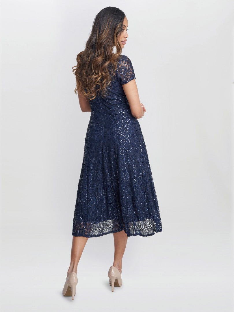  Genny Cap Sleeve Midi Length Sequin Lace Dress
