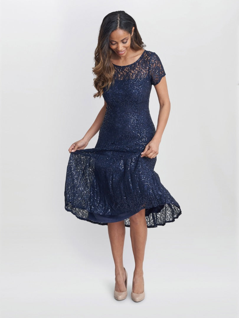  Genny Cap Sleeve Midi Length Sequin Lace Dress
