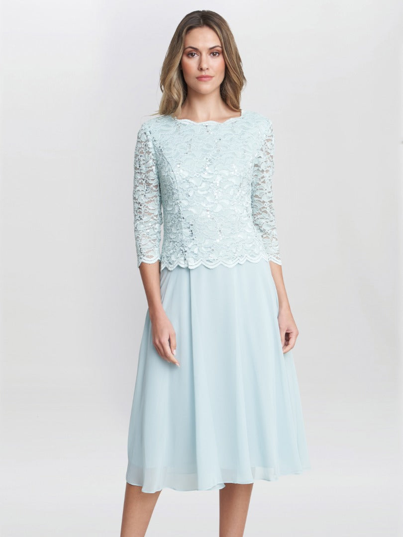  Rona Midi Dress With Lace Bodice & Chiffon Skirt