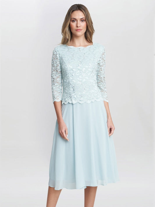  Rona Midi Dress With Lace Bodice & Chiffon Skirt