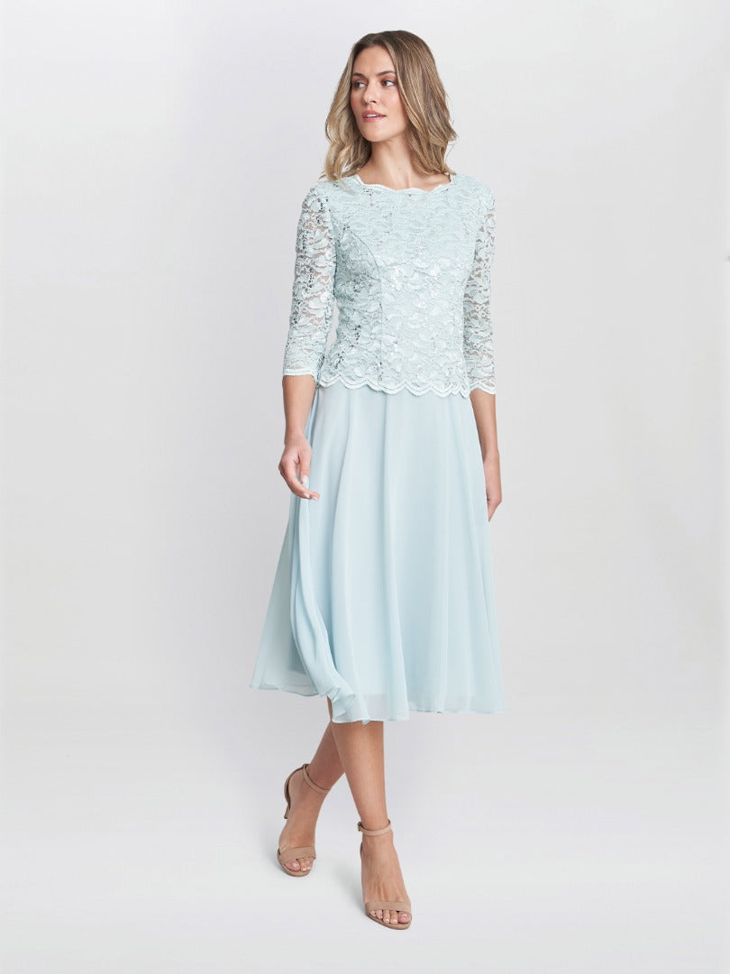  Rona Midi Dress With Lace Bodice & Chiffon Skirt