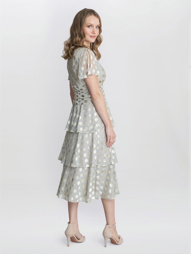  Cassie Polka Dot Midi Tier Dress
