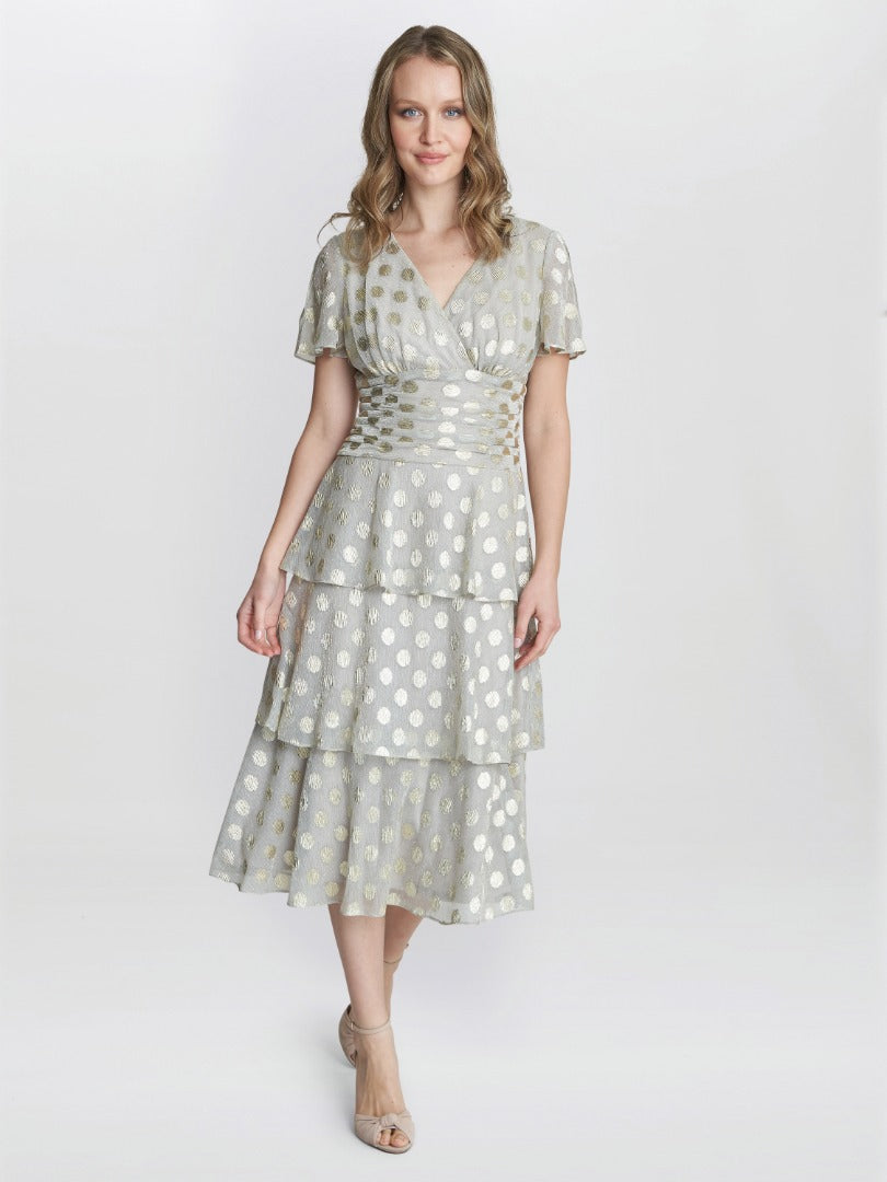  Cassie Polka Dot Midi Tier Dress