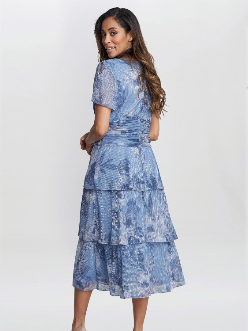  Cherie Midi Printed Metallic Tier Dress