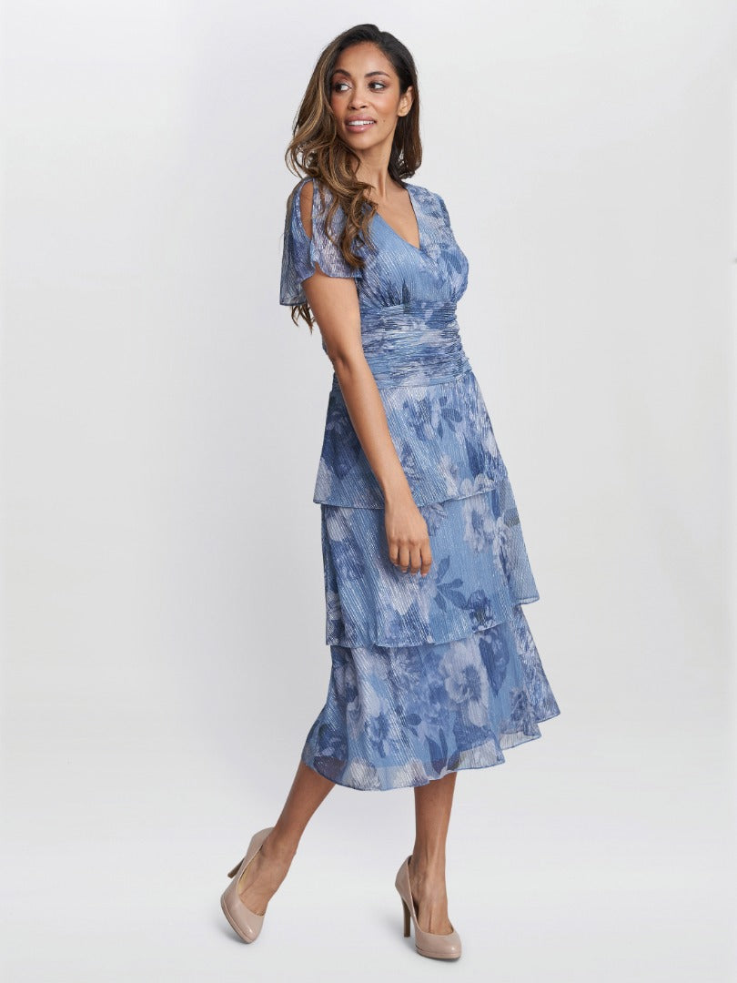  Cherie Midi Printed Metallic Tier Dress