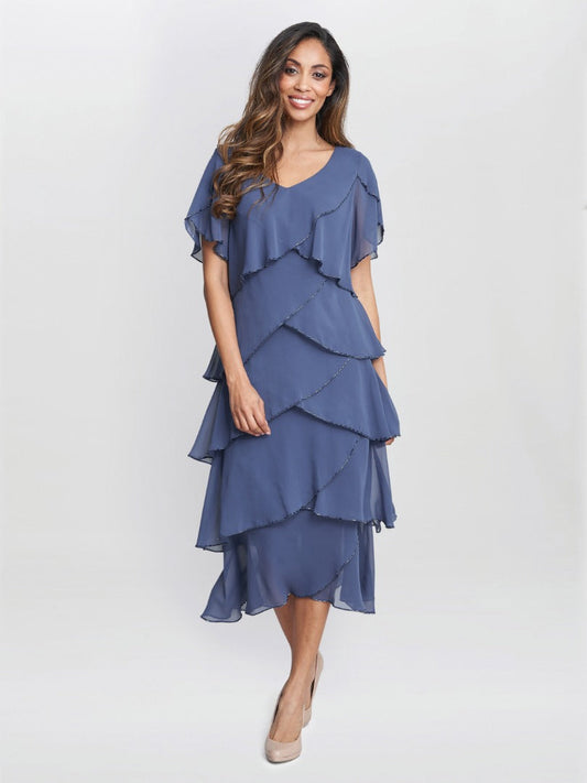  Fleur Midi V Neck Tier Dress With Bugle Beads