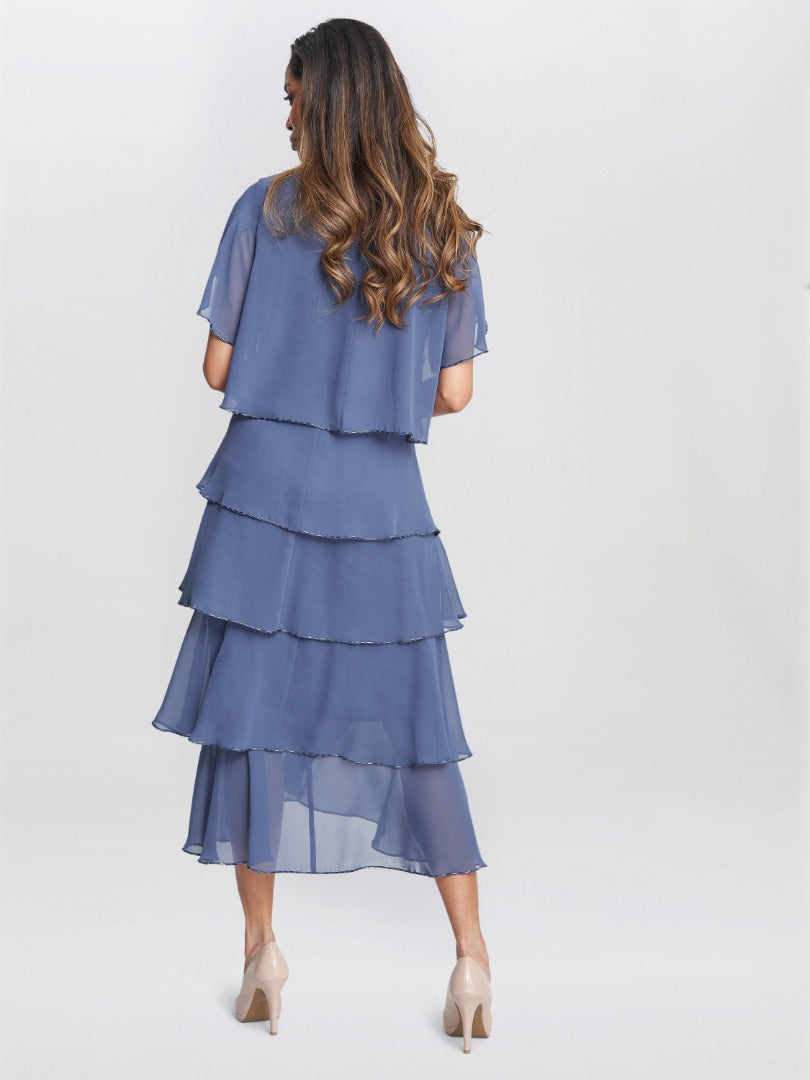  Fleur Midi V Neck Tier Dress With Bugle Beads