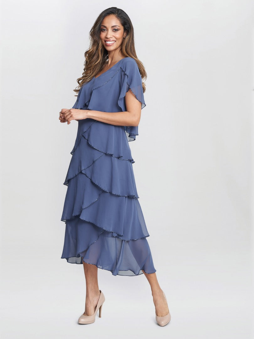 Fleur Midi V Neck Tier Dress With Bugle Beads