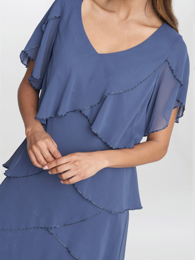  Fleur Midi V Neck Tier Dress With Bugle Beads