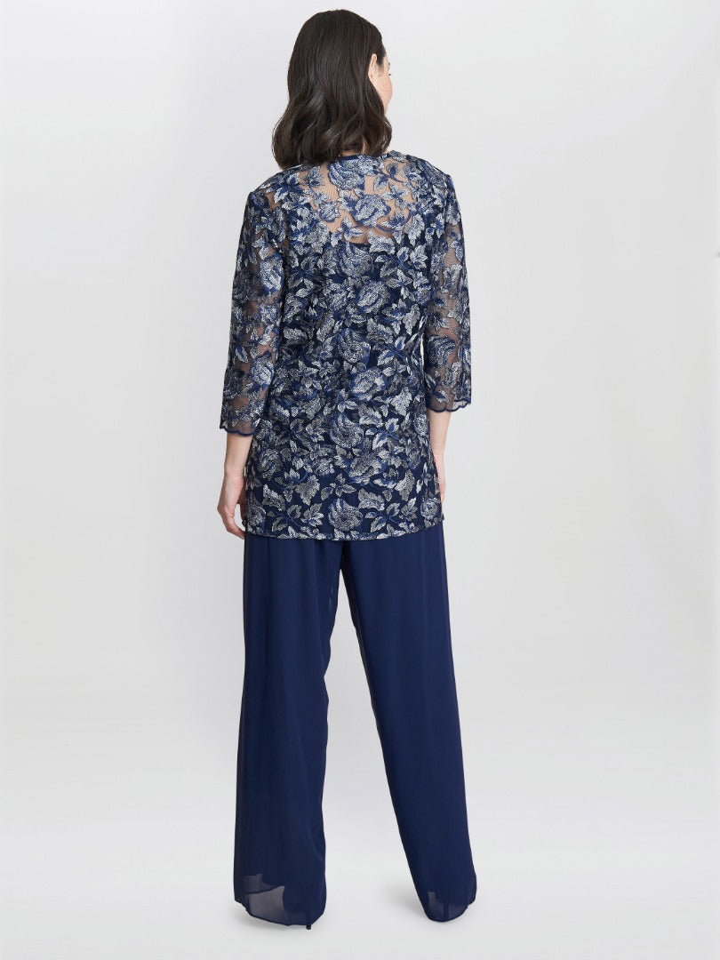  Nikki 3 Piece Trouser Suit With Embroidered Tank Top And Elongated Jacket