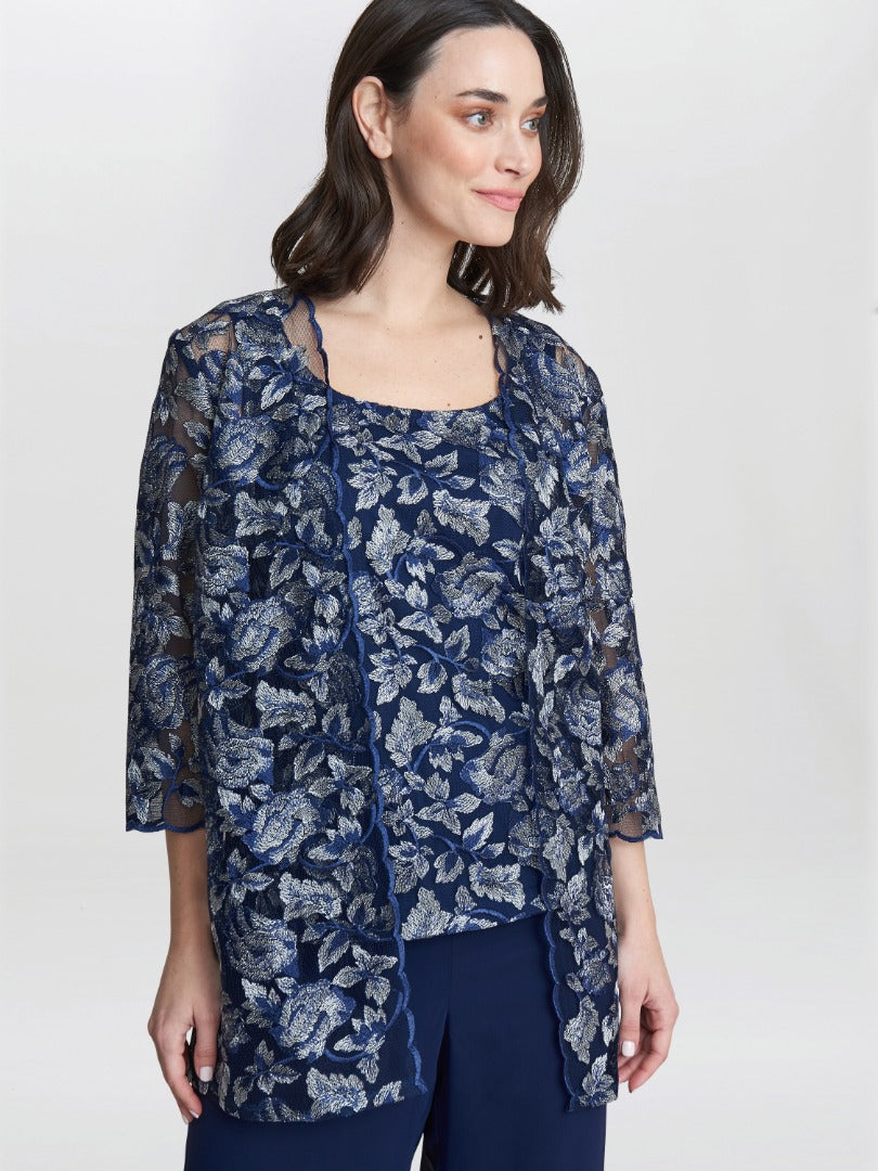  Nikki 3 Piece Trouser Suit With Embroidered Tank Top And Elongated Jacket