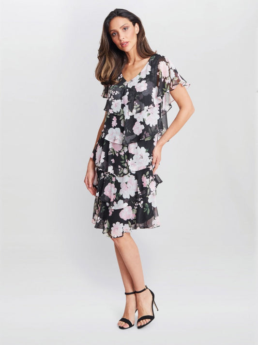  Nicola V Neck Printed Tiered Dress With Embellished Neckline