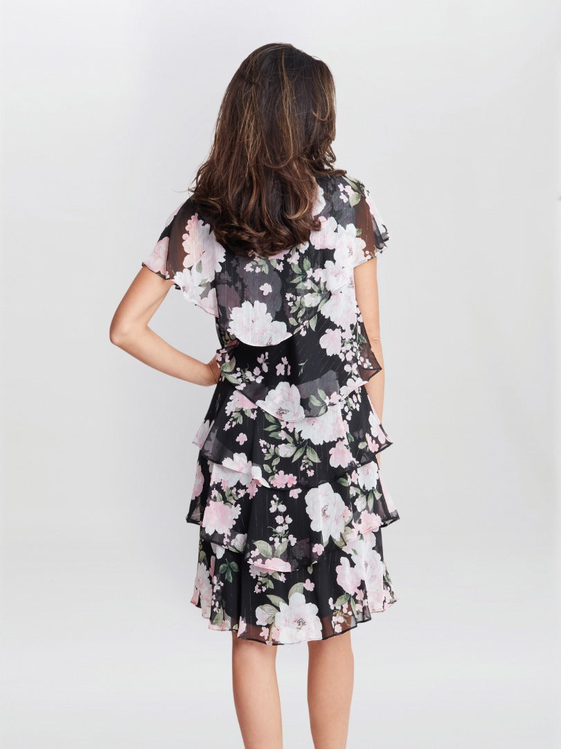  Nicola V Neck Printed Tiered Dress With Embellished Neckline