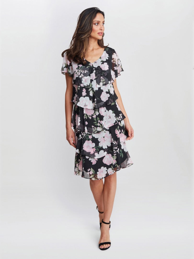  Nicola V Neck Printed Tiered Dress With Embellished Neckline