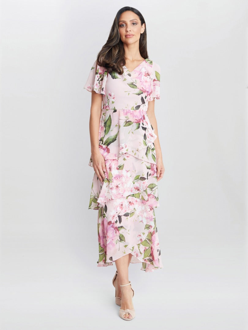  Olivia Printed Cowl Neck Maxi Tiered Dress With Shoulder Embellishment