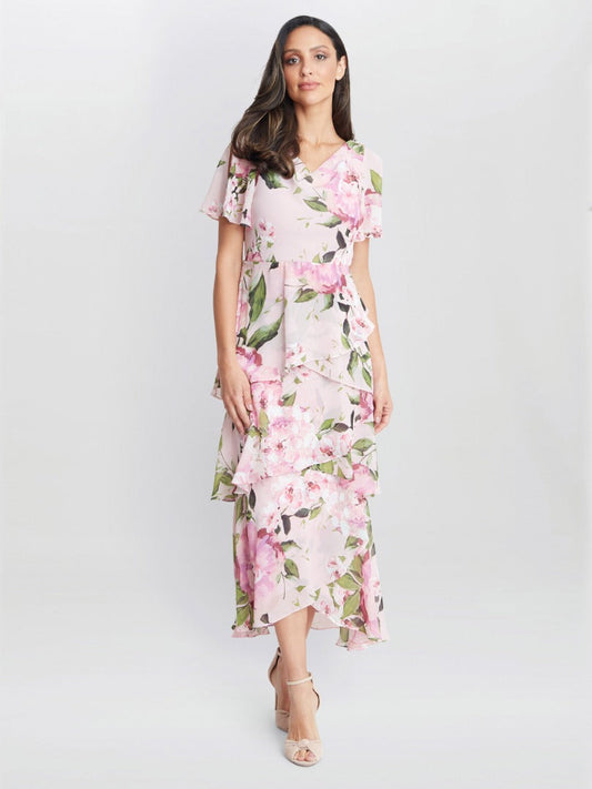  Olivia Printed Cowl Neck Maxi Tiered Dress With Shoulder Embellishment