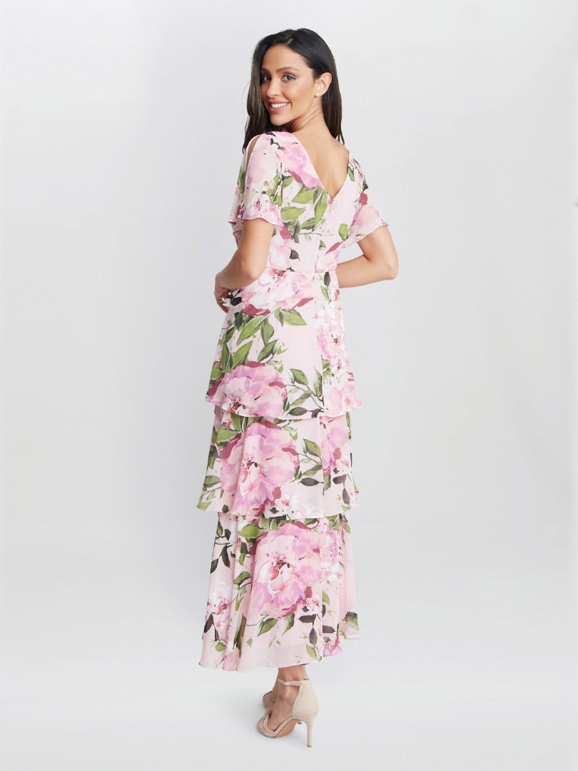  Olivia Printed Cowl Neck Maxi Tiered Dress With Shoulder Embellishment