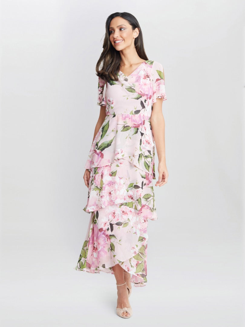  Olivia Printed Cowl Neck Maxi Tiered Dress With Shoulder Embellishment