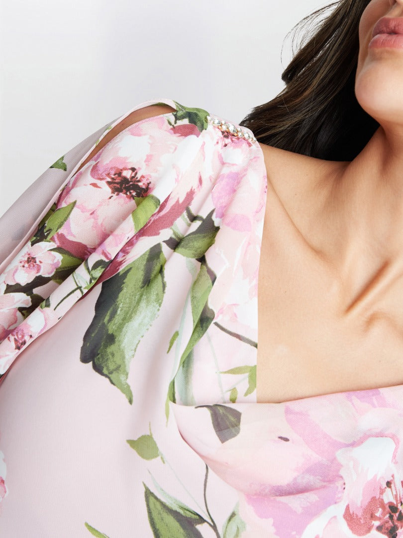  Olivia Printed Cowl Neck Maxi Tiered Dress With Shoulder Embellishment