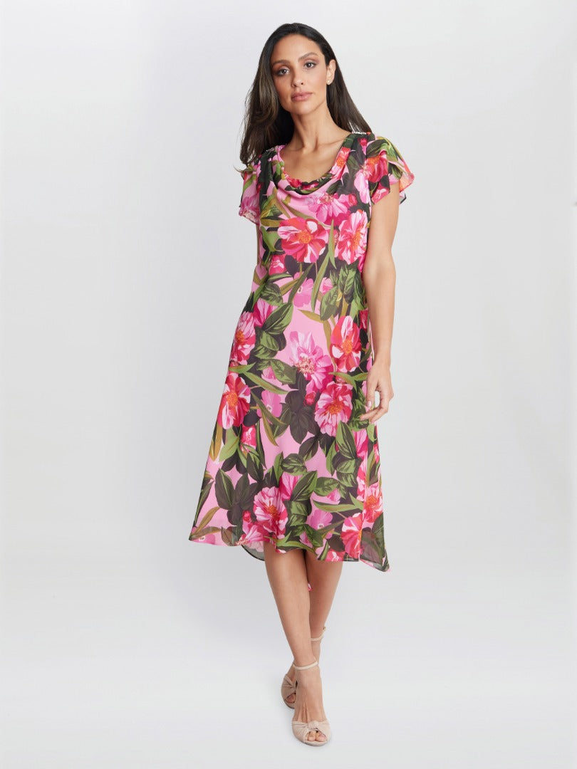 Ophelia Midi Printed Cowl Neck Dress With Shoulder Embellishment